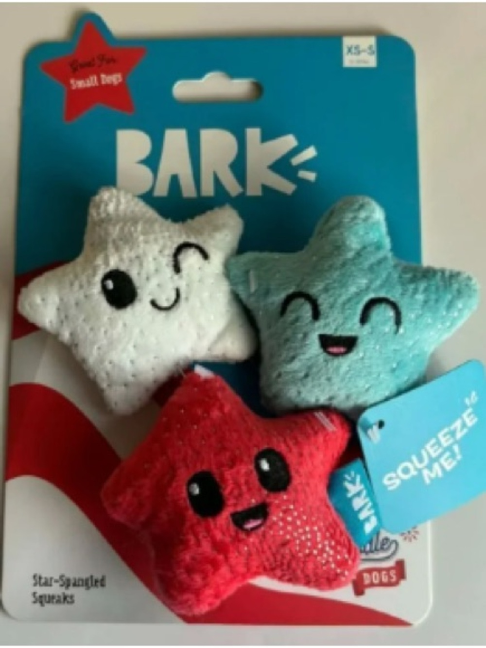 BARK Kids Plush Star Squeaky Toy Trio - Red, White, Aqua